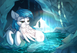 Size: 2885x2000 | Tagged: safe, artist:trickate, imported from derpibooru, oc, oc only, oc:cynosura, pegasus, pony, beautiful, blue mane, blue tail, cave, cute, ear fluff, female, green eyes, grooming, high res, lidded eyes, mare, pegasus oc, preening, rcf community, solo, standing in water, tail, water, waterfall, white coat, wing fluff, wings