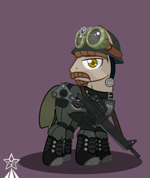Size: 4245x5021 | Tagged: safe, artist:devorierdeos, imported from derpibooru, oc, oc only, earth pony, pony, fallout equestria, ar-15, armor, assault rifle, beard, boots, clothes, earth pony oc, facial hair, gun, helmet, m16, male, military, military pony, military uniform, moustache, rifle, shoes, simple background, soldier, stallion, steel ranger, steel ranger knight, tactical, tactical glasses, uniform, weapon, yellow eyes