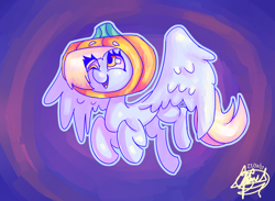 Size: 2600x1900 | Tagged: safe, artist:mannybcadavera, imported from derpibooru, derpy hooves, pegasus, pony, abstract background, female, halloween, holiday, mare, pumpkin, solo