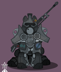Size: 4245x5021 | Tagged: safe, artist:devorierdeos, imported from derpibooru, oc, oc only, earth pony, pony, fallout equestria, armor, earth pony oc, fantasy class, gun, helmet, knight, paladin, power armor, simple background, sitting, steel ranger, warrior, weapon