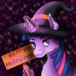 Size: 2755x2755 | Tagged: safe, artist:palettenight, imported from derpibooru, twilight sparkle, alicorn, pony, clothes, costume, halloween, halloween costume, happy halloween, hat, high res, holiday, looking at you, magic, sign, solo, twilight sparkle (alicorn), witch hat