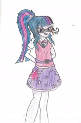 Size: 1956x2984 | Tagged: safe, artist:thevisitormlp, imported from derpibooru, sci-twi, twilight sparkle, equestria girls, arm behind back, clothes, cutie mark, cutie mark on clothes, female, glasses, sci-twi outfits, skirt, smiling, solo, traditional art