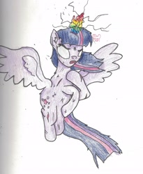 Size: 2116x2584 | Tagged: safe, artist:thevisitormlp, imported from derpibooru, twilight sparkle, alicorn, pony, female, flying, glowing, glowing horn, high res, horn, mare, rearing, signature, traditional art, twilight sparkle (alicorn), white eyes