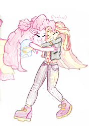 Size: 2100x2968 | Tagged: safe, artist:thevisitormlp, imported from derpibooru, pinkie pie, sunset shimmer, equestria girls, clothes, duo, eyes closed, female, high res, hug, pants, shoes, smiling, traditional art