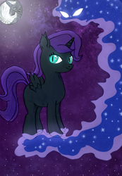 Size: 1399x2023 | Tagged: safe, artist:thevisitormlp, imported from derpibooru, tantabus, oc, oc:nyx, alicorn, pony, fanfic:past sins, alicorn oc, ethereal mane, female, filly, full moon, horn, moon, starry mane, traditional art, wings