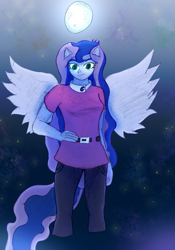 Size: 1533x2188 | Tagged: safe, artist:thevisitormlp, imported from derpibooru, princess luna, equestria girls, ethereal mane, female, full moon, moon, night, ponied up, smiling, solo, starry mane, stars, vice principal luna, wings