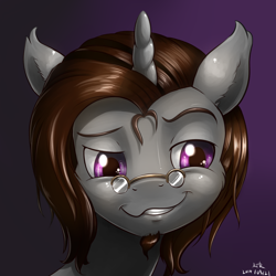 Size: 1692x1692 | Tagged: safe, artist:renatethepony, imported from derpibooru, oc, oc only, oc:raven quill, pony, unicorn, bust, dreamworks face, glasses, horn, smiling, smirk, solo, unicorn oc