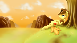 Size: 3840x2160 | Tagged: safe, artist:renatethepony, imported from derpibooru, braeburn, earth pony, pony, clothes, cloud, hat, high res, hooves, lying down, male, outdoors, smiling, solo, stallion, vest