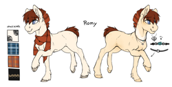 Size: 1532x773 | Tagged: safe, artist:royvdhel-art, imported from derpibooru, oc, oc only, oc:romy, earth pony, pony, clothes, duo, earth pony oc, jewelry, necklace, raised hoof, scarf, simple background, smiling, story included, white background