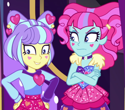 Size: 756x661 | Tagged: safe, imported from derpibooru, screencap, kiwi lollipop, supernova zap, equestria girls, equestria girls series, sunset's backstage pass!, spoiler:eqg series (season 2), cropped, duo, duo female, female, k-lo, lip bite, postcrush, su-z