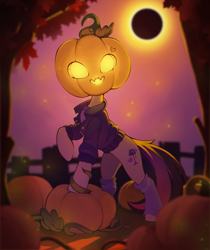 Size: 1630x1937 | Tagged: safe, artist:rexyseven, imported from derpibooru, oc, oc only, oc:amethyst arkin, pony, clothes, eclipse, halloween, holiday, jack-o-lantern, leggings, moon, night, pumpkin, pumpkin head, socks, solo