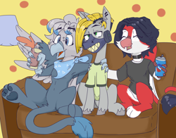 Size: 6250x4888 | Tagged: safe, artist:xasslash, imported from derpibooru, oc, oc:flynn the icecold, oc:kaustic, griffon, unicorn, bandana, choker, clothes, couch, drink, ear piercing, gas mask, mask, mlp fim's eleventh anniversary, paw pads, piercing