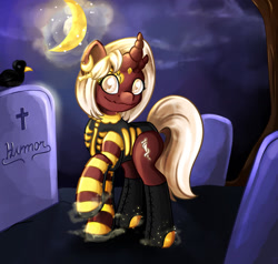 Size: 1280x1220 | Tagged: safe, artist:appleneedle, imported from derpibooru, oc, bird, crow, pony, unicorn, bone, commission, grave, graveyard, moon, night, skeleton, spooky, ych result, your character here