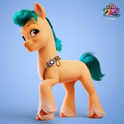 Size: 1080x1080 | Tagged: safe, artist:jonatancatalan, imported from derpibooru, hitch trailblazer, earth pony, pony, 3d, 3d model, blue background, brown eyes, colored hooves, cute, eyebrows, g5, hitchbetes, male, my little pony: a new generation, my little pony: a new generation logo, official, raised hoof, sash, sheriff's badge, simple background, smiling, solo, stallion, standing, tail, unshorn fetlocks