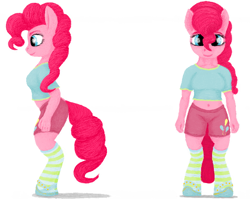 Size: 706x562 | Tagged: safe, artist:xodok, imported from derpibooru, pinkie pie, anthro, unguligrade anthro, series:ponyashnost, clothes, cutie mark, female, shirt, shoes, shorts, simple background, smiling, socks, stockings, striped socks, t-shirt, thigh highs, white background