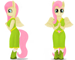 Size: 702x555 | Tagged: safe, artist:xodok, imported from derpibooru, fluttershy, anthro, unguligrade anthro, series:ponyashnost, belt, clothes, cutie mark, dress, female, shoes, simple background, smiling, white background, wings