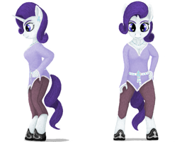 Size: 705x563 | Tagged: safe, artist:xodok, imported from derpibooru, rarity, anthro, unguligrade anthro, series:ponyashnost, belt, blouse, clothes, cutie mark, female, horn, jewelry, pants, shoes, simple background, smiling, white background