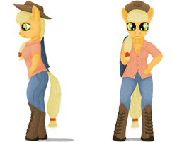 Size: 754x606 | Tagged: safe, artist:xodok, imported from derpibooru, applejack, anthro, unguligrade anthro, series:ponyashnost, boots, clothes, cutie mark, female, hat, jacket, jeans, pants, shirt, shoes, simple background, smiling, white background