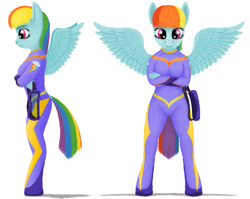 Size: 741x590 | Tagged: safe, artist:xodok, imported from derpibooru, rainbow dash, anthro, unguligrade anthro, series:ponyashnost, clothes, costume, cutie mark, female, flight suit, front view, goggles, side view, simple background, skintight clothes, smiling, spread wings, white background, wings