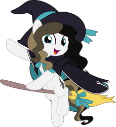 Size: 4585x5000 | Tagged: safe, artist:jhayarr23, imported from derpibooru, oc, oc only, oc:chocolate fudge, earth pony, pony, broom, cape, clothes, commission, costume, female, flying, flying broomstick, halloween, hat, holiday, simple background, solo, transparent background, witch hat, ych result