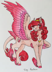 Size: 1920x2686 | Tagged: safe, artist:oneiria-fylakas, imported from derpibooru, oc, oc only, oc:ruby heartheim, pegasus, pony, colored wings, feathered fetlocks, female, mare, multicolored wings, solo, tail, tail feathers, traditional art, wings