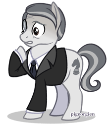 Size: 669x768 | Tagged: safe, artist:pigeorgien, imported from derpibooru, oc, oc only, oc:mimante, earth pony, pony, clothes, male, monocle, show accurate, simple background, solo, stallion, suit, white background, worried