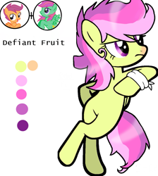 Size: 1001x1117 | Tagged: safe, artist:taeko, imported from derpibooru, banana bliss, scootaloo, oc, oc only, oc:defiant fruit, pegasus, pony, bandage, base used, colors, crossed legs, female, folded wings, frown, green fur, invisible arm-rest, leaning, looking offscreen, magical lesbian spawn, multicolored mane, multicolored tail, no shading, offspring, parent:banana bliss, parent:scootaloo, parents:bananaloo, purple eyes, simple background, solo, standing, standing on one leg, tail, white background, wings