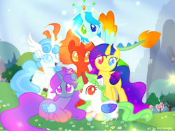 Size: 1000x748 | Tagged: safe, artist:memengla, imported from derpibooru, oc, oc:core, oc:cosmic, oc:dragonfire, oc:elemental empress, oc:nexus, oc:snowflake, alicorn, pony