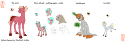 Size: 3600x1206 | Tagged: safe, artist:anelaponela, imported from derpibooru, oc, oc:big apple, oc:fog light, oc:nimblegait, diamond dog, earth pony, pony, unicorn, fallout equestria, colt, ear fluff, earth pony oc, fallout equestria: the daily unlife, female, glasses, headcanon, horn, leonine tail, male, redesign, reference sheet, simple background, smiling, tail, unicorn oc