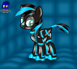 Size: 4608x4154 | Tagged: safe, alternate version, artist:damlanil, imported from derpibooru, oc, oc only, oc:nightlight aura, pegasus, pony, bound wings, catsuit, clothes, collar, commission, eyeshadow, female, fireheart76's latex suit design, hood, latex, latex boots, latex suit, makeup, mare, padded cell, prisoners of the moon, rubber, shiny, shiny mane, show accurate, solo, story, story included, suit, tail, tail wrap, vector, wings