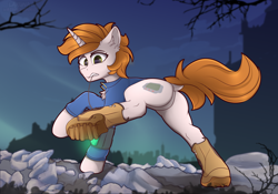 Size: 2500x1750 | Tagged: safe, artist:lakunae, imported from derpibooru, oc, oc only, oc:littlepip, pony, unicorn, fallout equestria, boots, butt, clothes, ear fluff, fanfic art, featureless crotch, female, full body, gritted teeth, horn, jumpsuit, mare, outdoors, pipbuck, pipbutt, plot, raised hoof, raised leg, rear view, shoes, solo, tail, unicorn oc, vault suit