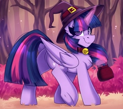 Size: 2250x2000 | Tagged: safe, artist:shadowreindeer, imported from derpibooru, twilight sparkle, alicorn, pony, bell, bell collar, butt, cauldron, clothes, collar, costume, cute, eye clipping through hair, female, forest, glowing, glowing horn, grin, hat, high res, horn, looking at you, magic, magic aura, mare, nightmare night costume, plot, smiling, smiling at you, solo, telekinesis, tree, twiabetes, twibutt, twilight sparkle (alicorn), witch, witch hat