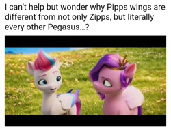 Size: 720x544 | Tagged: safe, edit, edited screencap, imported from derpibooru, screencap, pipp petals, zipp storm, pegasus, pony, spoiler:my little pony: a new generation, female, g5, mare, my little pony: a new generation, question, siblings, sisters, wings