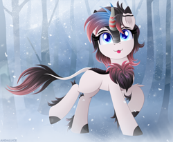 Size: 2700x2226 | Tagged: safe, artist:andaluce, imported from derpibooru, oc, oc only, oc:winter nightsong, kirin, :p, chest fluff, cute, female, forest background, high res, kirin oc, kirinbetes, snow, snowfall, solo, tongue out