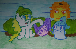 Size: 1280x830 | Tagged: safe, artist:dex stewart, imported from derpibooru, adagio dazzle, aria blaze, sonata dusk, oc, oc:fargate, earth pony, pony, aqua teen hunger force, beanie, frylock, hat, ignignokt, master shake, meatwad, the dazzlings, traditional art, transformation