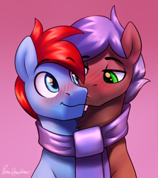 Size: 1780x2000 | Tagged: safe, artist:jedayskayvoker, imported from derpibooru, oc, oc only, pony, blushing, cheek kiss, chest fluff, clothes, couple, eyebrows, eyebrows visible through hair, gay, gradient background, kissing, lidded eyes, looking at each other, male, oc name needed, patreon, patreon reward, scarf, shared clothing, shared scarf, smiling, stallion