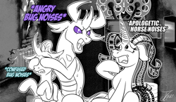 Size: 1250x725 | Tagged: safe, artist:jamescorck, imported from derpibooru, ocellus, pharynx, oc, oc:movie slate, changedling, changeling, pony, unicorn, descriptive noise, horse noises, prince pharynx