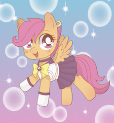 Size: 3640x3942 | Tagged: safe, artist:hotcurrykatsu, imported from derpibooru, scootaloo, pegasus, pony, clothes, cute, cutealoo, daaaaaaaaaaaw, female, filly, high res, looking at you, open mouth, piercing, sailor senshi, sailor uniform, sailor uranus, school uniform, skirt, smiling, socks, solo, spread wings, uniform, wings