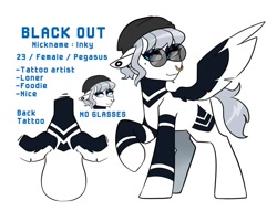 Size: 1207x924 | Tagged: safe, artist:redxbacon, imported from derpibooru, oc, oc only, oc:black out, pegasus, pony, nose piercing, nose ring, piercing, reference sheet, solo, sunglasses
