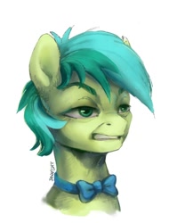 Size: 758x1000 | Tagged: safe, artist:jewellier, imported from derpibooru, sandbar, earth pony, pony, bowtie, bust, disgusted, expression, eyebrows, faic, green coat, green eyes, green mane, gritted teeth, lidded eyes, looking at something, male, portrait, showing teeth, signature, simple background, solo, teenager, teeth, two toned mane, white background