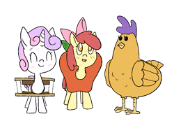 Size: 827x606 | Tagged: safe, artist:happy harvey, imported from derpibooru, apple bloom, scootaloo, sweetie belle, bird, chicken, earth pony, pony, unicorn, apple, apple costume, blushing, bow, clothes, colored pupils, costume, cutie mark crusaders, eyes closed, female, filly, food, food costume, freckles, hair bow, halloween, halloween costume, looking up, phone drawing, s'mores, scootachicken, simple background, sweetie belle is a marshmallow too, transparent background