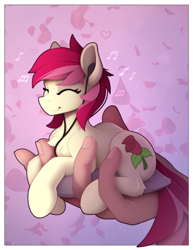 Size: 1500x1947 | Tagged: safe, artist:yakovlev-vad, imported from derpibooru, roseluck, earth pony, human, pony, behaving like a cat, chest fluff, cute, earbuds, eyes closed, female, hand, headphones, holding a pony, in goliath's palm, lying down, mare, music notes, prone, rosabetes, smiling, tail, tiny, tiny ponies, two toned mane, two toned tail