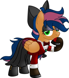 Size: 2500x2829 | Tagged: safe, artist:lakword, imported from derpibooru, oc, oc only, oc:solar comet, pegasus, pony, vampire, ambiguous gender, bowtie, clothes, colored feathertips, costume, disguise, disguised changedling, eyelashes, fangs, feathered wings, folded wings, high res, hoof over mouth, nightmare night, pegasus oc, simple background, solo, transparent background, wings