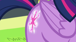 Size: 1280x720 | Tagged: safe, imported from derpibooru, screencap, twilight sparkle, alicorn, pony, season 6, top bolt, booty call, cutie mark, folded wings, glowing cutie mark, multicolored hair, solo, twibutt, twilight sparkle (alicorn), wings