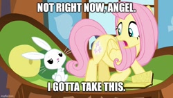 Size: 800x450 | Tagged: safe, edit, edited screencap, imported from derpibooru, screencap, angel bunny, fluttershy, pegasus, pony, rabbit, the hooffields and mccolts, angel bunny is not amused, animal, book, booty call, crossed arms, duo, female, frown, glowing cutie mark, looking at each other, male, mare, meme, open mouth, pillow, talking, unamused