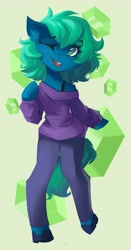 Size: 2144x4096 | Tagged: safe, artist:saxopi, imported from derpibooru, oc, oc only, oc:emerald, earth pony, semi-anthro, abstract background, blue coat, bra, bra strap, clothes, colored pupils, commission, cutie mark background, ear fluff, earth pony oc, emerald, eyebrows, eyebrows visible through hair, eyelashes, gem, green eyes, green mane, green tail, high res, hoof on chest, hoof shoes, looking at you, one eye closed, open mouth, open smile, pants, smiling, smiling at you, solo, standing on two hooves, tail, underwear