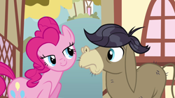 Size: 1280x720 | Tagged: safe, imported from derpibooru, screencap, cranky doodle donkey, donkey, earth pony, pony, a friend in deed, season 2, c:, duo, eye contact, female, lidded eyes, looking at each other, male, mare, out of context, smiling, tail, wig