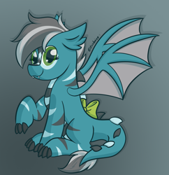 Size: 1938x2000 | Tagged: safe, artist:exobass, imported from derpibooru, oc, oc:silver lining, dracony, dragon, hybrid, bow, claws, fangs, looking at you, wings