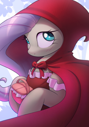 Size: 1927x2750 | Tagged: safe, artist:nookprint, imported from derpibooru, fluttershy, pegasus, pony, basket, blushing, cloak, clothes, cute, dress, female, high res, hood, hoof hold, little red riding hood, looking away, mare, picnic basket, shyabetes, solo