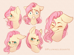 Size: 2400x1800 | Tagged: safe, artist:plumaelegante, imported from derpibooru, fluttershy, pony, blushing, bust, crying, ear fluff, expressions, eyes closed, female, floppy ears, front view, full face view, gritted teeth, high res, looking at something, looking at you, looking away, mare, profile, raised eyebrow, sad, scared, skeptical, smiling, solo, stray strand, teary eyes, three quarter view, wide eyes